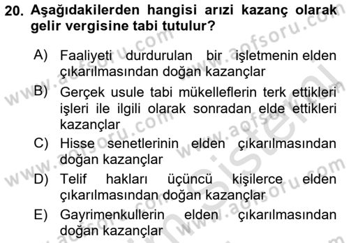 Özel Vergi Hukuku 1 Dersi Ara Sınavı Deneme Sınav Soruları 20. Soru