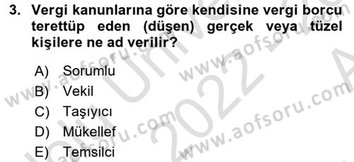 Özel Vergi Hukuku 1 Dersi Ara Sınavı Deneme Sınav Soruları 3. Soru