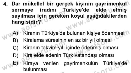 Özel Vergi Hukuku 1 Dersi Ara Sınavı Deneme Sınav Soruları 4. Soru