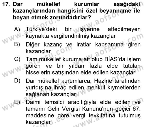 Özel Vergi Hukuku 1 Dersi 2022 - 2023 Yılı (Final) Dönem Sonu Sınav Soruları 17. Soru