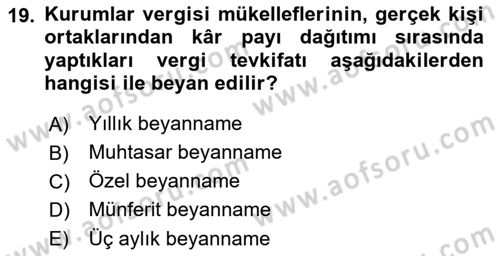 Özel Vergi Hukuku 1 Dersi 2022 - 2023 Yılı (Final) Dönem Sonu Sınav Soruları 19. Soru