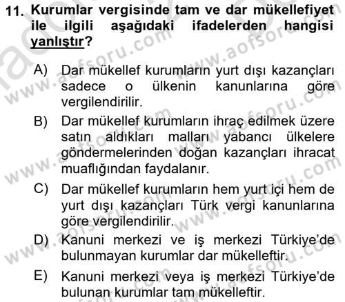 Özel Vergi Hukuku 1 Dersi 2023 - 2024 Yılı (Final) Dönem Sonu Sınav Soruları 11. Soru