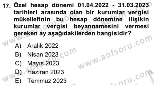 Özel Vergi Hukuku 1 Dersi 2023 - 2024 Yılı (Final) Dönem Sonu Sınav Soruları 17. Soru