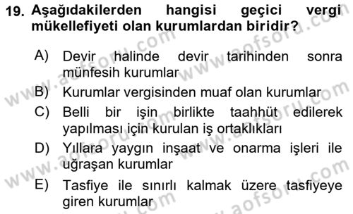 Özel Vergi Hukuku 1 Dersi 2023 - 2024 Yılı (Final) Dönem Sonu Sınav Soruları 19. Soru