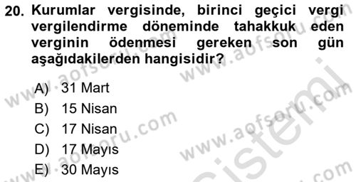 Özel Vergi Hukuku 1 Dersi 2023 - 2024 Yılı (Final) Dönem Sonu Sınav Soruları 20. Soru