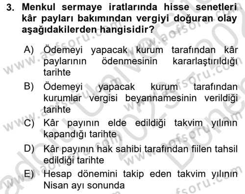 Özel Vergi Hukuku 1 Dersi 2023 - 2024 Yılı (Final) Dönem Sonu Sınav Soruları 3. Soru