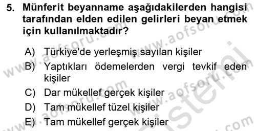 Özel Vergi Hukuku 1 Dersi 2023 - 2024 Yılı (Final) Dönem Sonu Sınav Soruları 5. Soru