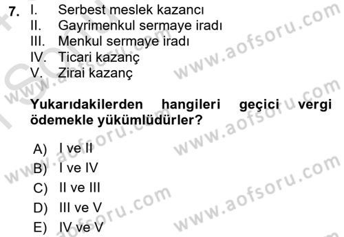Özel Vergi Hukuku 1 Dersi 2023 - 2024 Yılı (Final) Dönem Sonu Sınav Soruları 7. Soru
