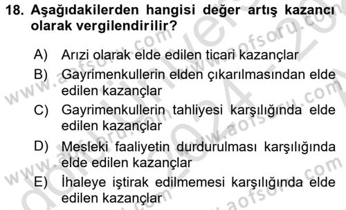 Özel Vergi Hukuku 1 Dersi 2024 - 2025 Yılı (Vize) Ara Sınav Soruları 18. Soru
