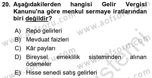 Özel Vergi Hukuku 1 Dersi 2024 - 2025 Yılı (Vize) Ara Sınav Soruları 20. Soru