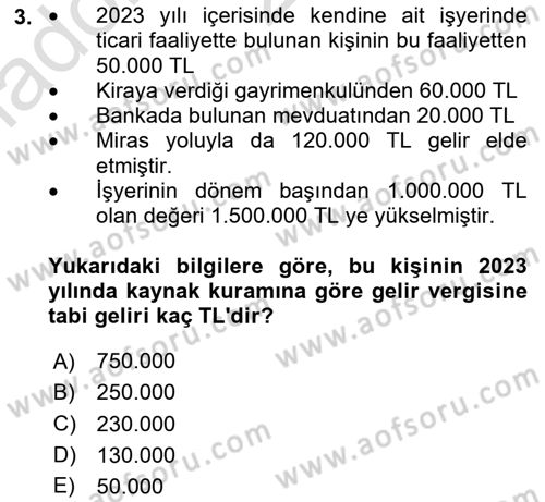 Özel Vergi Hukuku 1 Dersi 2024 - 2025 Yılı (Vize) Ara Sınav Soruları 3. Soru