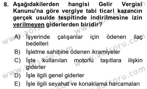 Özel Vergi Hukuku 1 Dersi 2024 - 2025 Yılı (Vize) Ara Sınav Soruları 8. Soru