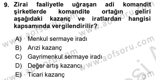 Özel Vergi Hukuku 1 Dersi 2024 - 2025 Yılı (Vize) Ara Sınav Soruları 9. Soru