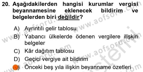 Özel Vergi Hukuku 1 Dersi 2024 - 2025 Yılı (Final) Dönem Sonu Sınav Soruları 20. Soru