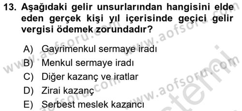 Özel Vergi Hukuku 1 Dersi 2024 - 2025 Yılı Yaz Okulu Sınav Soruları 13. Soru