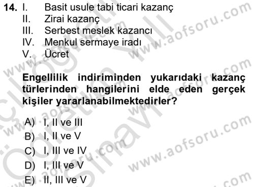 Özel Vergi Hukuku 1 Dersi 2024 - 2025 Yılı Yaz Okulu Sınav Soruları 14. Soru