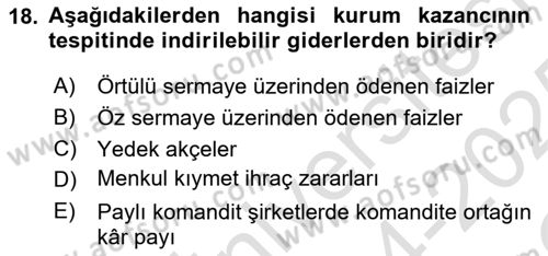 Özel Vergi Hukuku 1 Dersi 2024 - 2025 Yılı Yaz Okulu Sınav Soruları 18. Soru