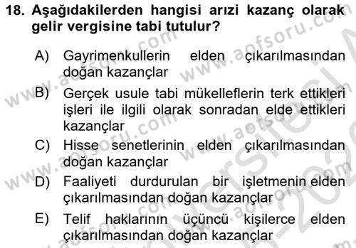 Özel Vergi Hukuku 1 Dersi 2025 - 2026 Yılı (Vize) Ara Sınav Soruları 18. Soru