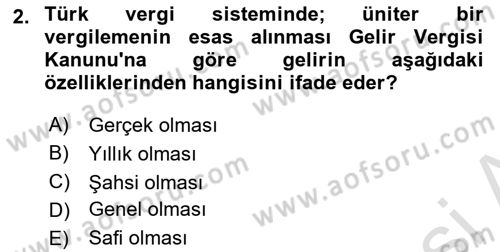 Özel Vergi Hukuku 1 Dersi 2025 - 2026 Yılı (Vize) Ara Sınav Soruları 2. Soru