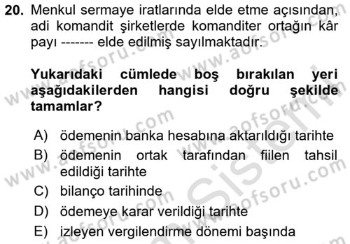 Özel Vergi Hukuku 1 Dersi 2025 - 2026 Yılı (Vize) Ara Sınav Soruları 20. Soru