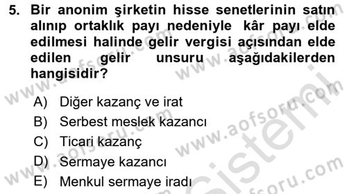 Özel Vergi Hukuku 1 Dersi 2025 - 2026 Yılı (Vize) Ara Sınav Soruları 5. Soru