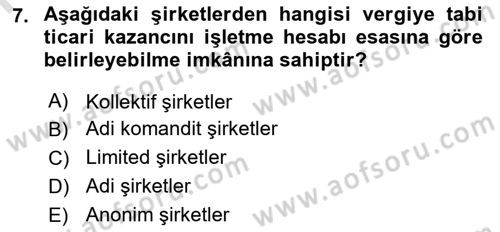 Özel Vergi Hukuku 1 Dersi 2025 - 2026 Yılı (Vize) Ara Sınav Soruları 7. Soru
