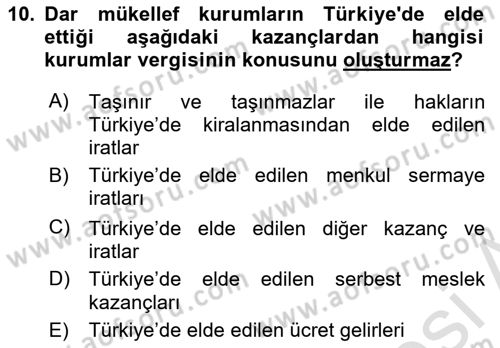 Özel Vergi Hukuku 1 Dersi 2025 - 2026 Yılı (Final) Dönem Sonu Sınav Soruları 10. Soru