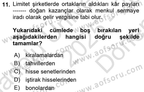 Özel Vergi Hukuku 1 Dersi 2025 - 2026 Yılı (Final) Dönem Sonu Sınav Soruları 11. Soru