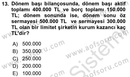 Özel Vergi Hukuku 1 Dersi 2025 - 2026 Yılı (Final) Dönem Sonu Sınav Soruları 13. Soru