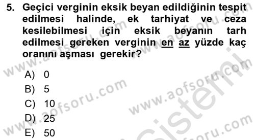 Özel Vergi Hukuku 1 Dersi 2025 - 2026 Yılı (Final) Dönem Sonu Sınav Soruları 5. Soru