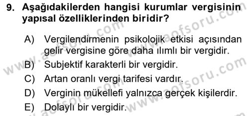 Özel Vergi Hukuku 1 Dersi 2025 - 2026 Yılı (Final) Dönem Sonu Sınav Soruları 9. Soru