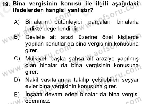 Özel Vergi Hukuku 2 Dersi 2017 - 2018 Yılı (Vize) Ara Sınav Soruları 19. Soru