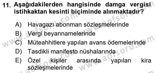 Özel Vergi Hukuku 2 Dersi 2018 - 2019 Yılı 3 Ders Sınav Soruları 11. Soru