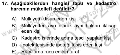 Özel Vergi Hukuku 2 Dersi 2018 - 2019 Yılı Yaz Okulu Sınav Soruları 17. Soru