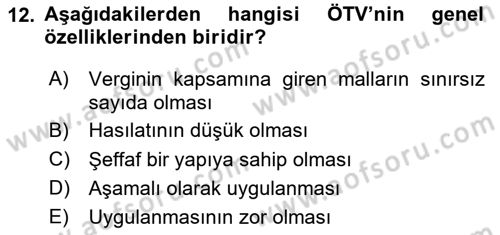 Özel Vergi Hukuku 2 Dersi 2023 - 2024 Yılı (Vize) Ara Sınav Soruları 12. Soru