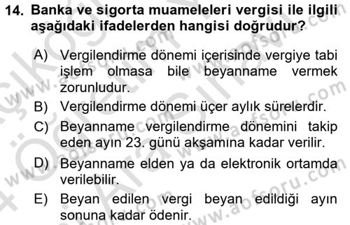 Özel Vergi Hukuku 2 Dersi 2023 - 2024 Yılı (Vize) Ara Sınav Soruları 14. Soru