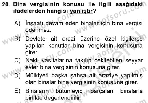 Özel Vergi Hukuku 2 Dersi 2023 - 2024 Yılı (Vize) Ara Sınav Soruları 20. Soru