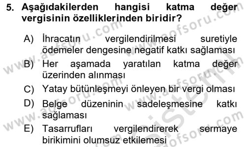 Özel Vergi Hukuku 2 Dersi 2023 - 2024 Yılı (Vize) Ara Sınav Soruları 5. Soru