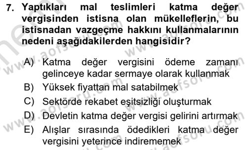Özel Vergi Hukuku 2 Dersi 2023 - 2024 Yılı (Vize) Ara Sınav Soruları 7. Soru