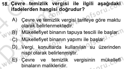 Özel Vergi Hukuku 2 Dersi 2023 - 2024 Yılı (Final) Dönem Sonu Sınav Soruları 18. Soru