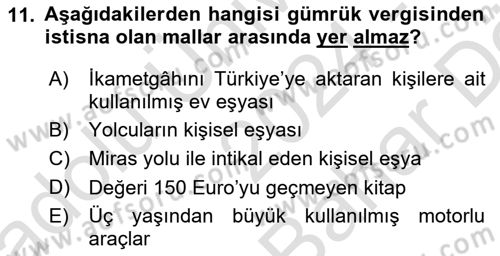 Özel Vergi Hukuku 2 Dersi 2024 - 2025 Yılı (Vize) Ara Sınav Soruları 11. Soru