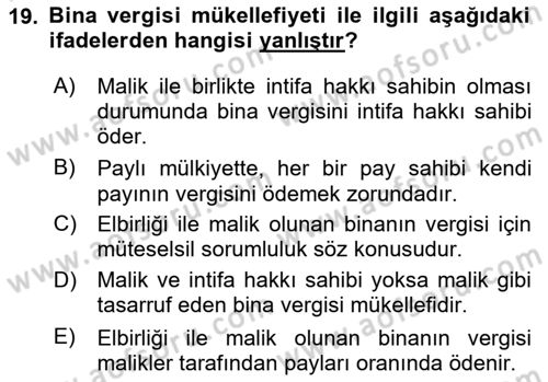 Özel Vergi Hukuku 2 Dersi 2024 - 2025 Yılı (Vize) Ara Sınav Soruları 19. Soru