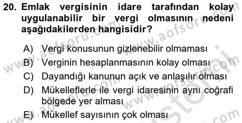 Özel Vergi Hukuku 2 Dersi 2024 - 2025 Yılı (Vize) Ara Sınav Soruları 20. Soru