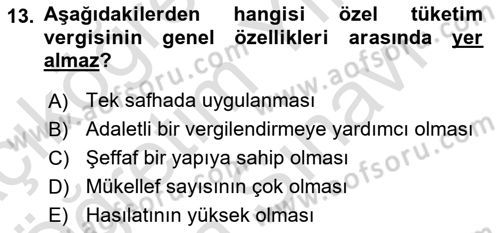 Özel Vergi Hukuku 2 Dersi 2025 - 2026 Yılı (Vize) Ara Sınav Soruları 13. Soru