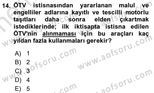 Özel Vergi Hukuku 2 Dersi 2025 - 2026 Yılı (Vize) Ara Sınav Soruları 14. Soru