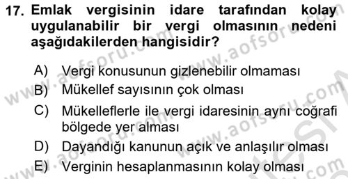 Özel Vergi Hukuku 2 Dersi 2025 - 2026 Yılı (Vize) Ara Sınav Soruları 17. Soru