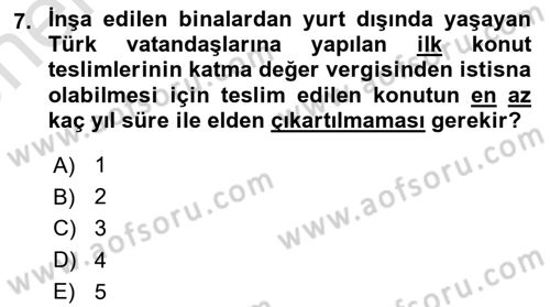 Özel Vergi Hukuku 2 Dersi 2025 - 2026 Yılı (Vize) Ara Sınav Soruları 7. Soru