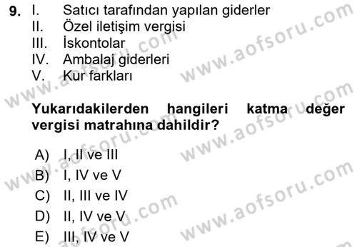 Özel Vergi Hukuku 2 Dersi 2025 - 2026 Yılı (Vize) Ara Sınav Soruları 9. Soru