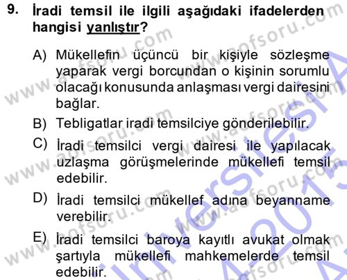 Vergi Hukuku Dersi 2014 - 2015 Yılı (Vize) Ara Sınav Soruları 9. Soru