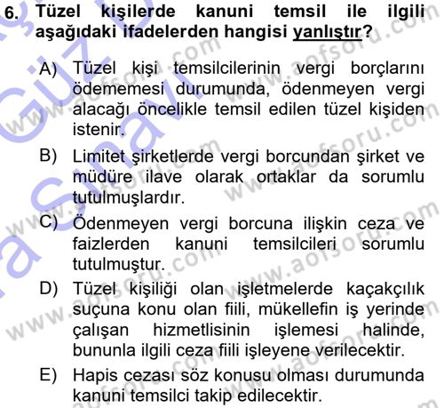 Vergi Hukuku Dersi 2015 - 2016 Yılı (Vize) Ara Sınav Soruları 6. Soru